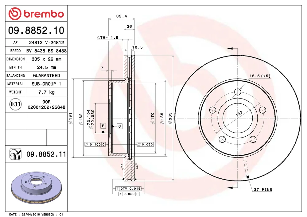 Brzdový kotouč BREMBO 09.8852.11 – OE 52098672
