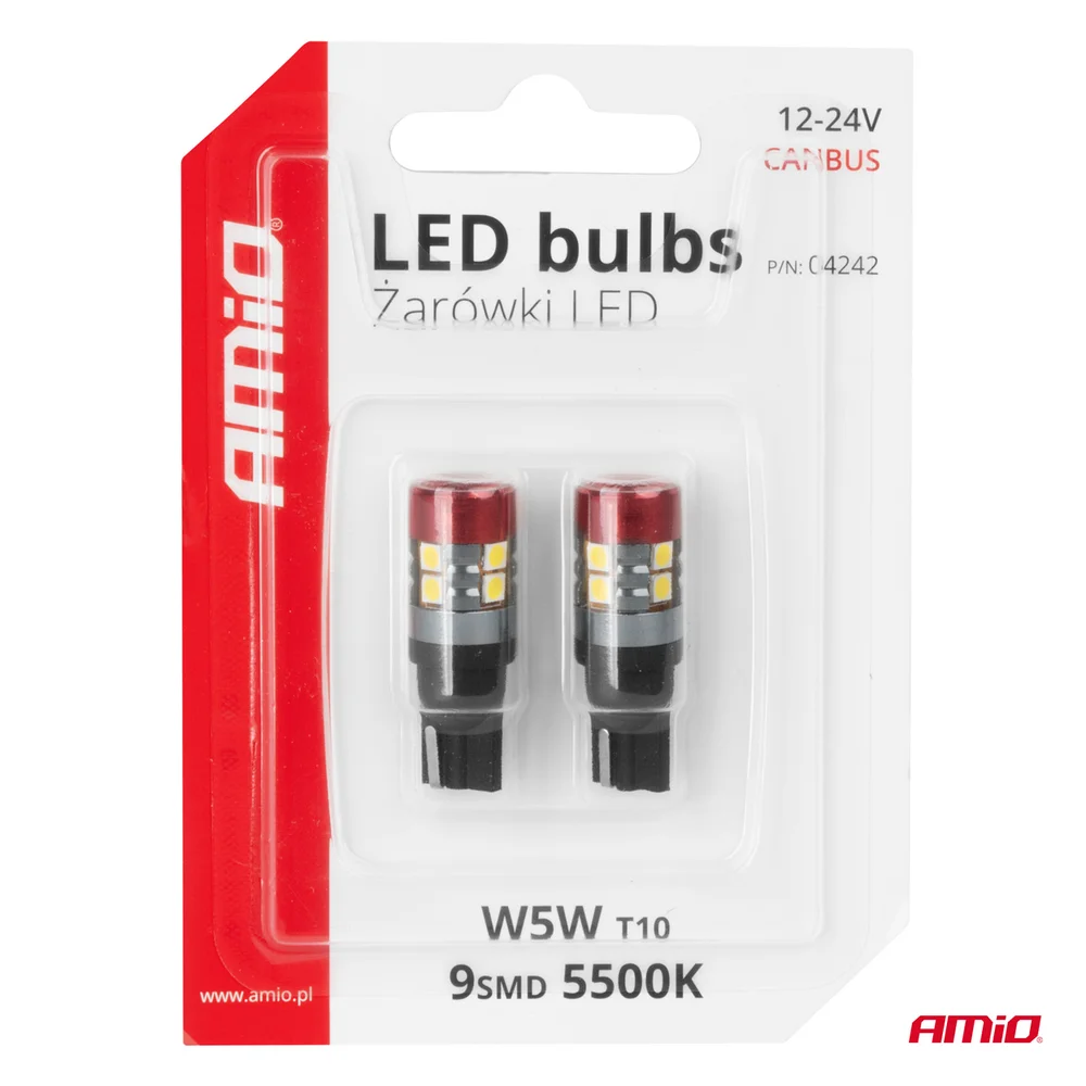 LED žárovky CANBUS T10 W5W 9 SMD 3030 Bílé 12V 24V AMiO-04242 - Obrázek 5