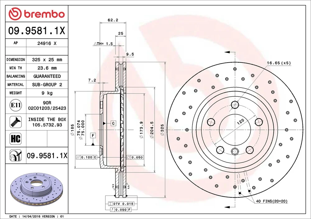 Brzdový kotouč BREMBO 09.9581.1X – OE 34113400151