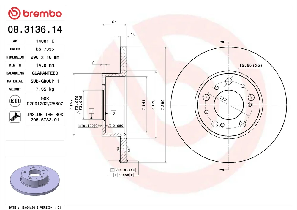 Brzdový kotouč BREMBO 08.3136.14