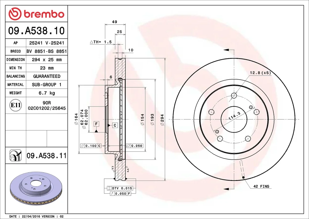 Brzdový kotouč BREMBO 09.A538.11
