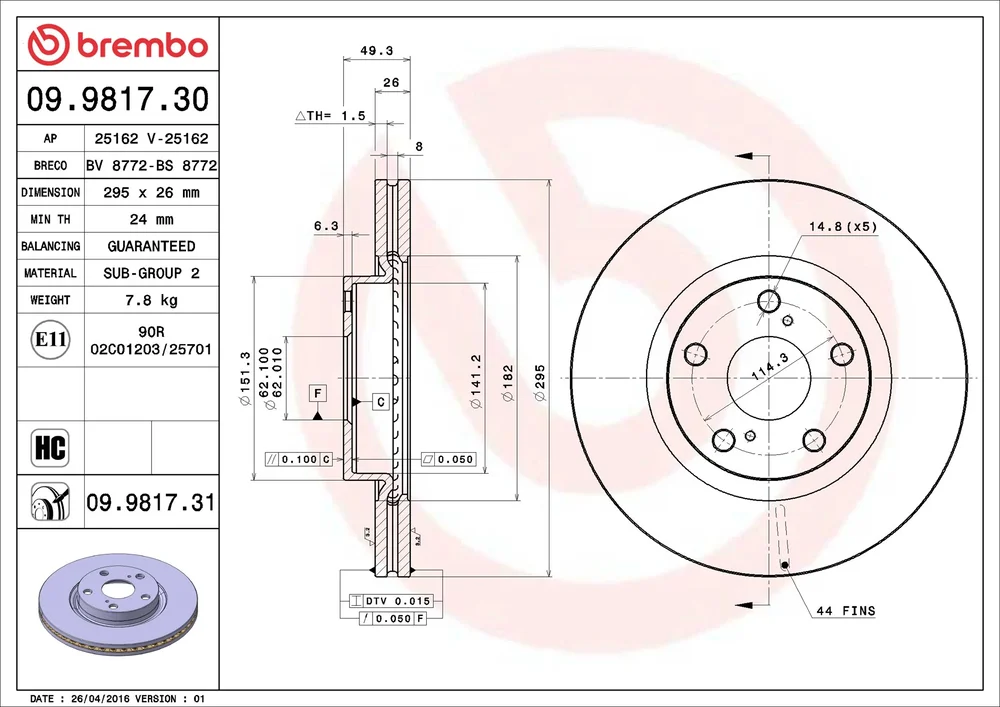 Brzdový kotouč BREMBO 09.9817.31 – OE 4351205080