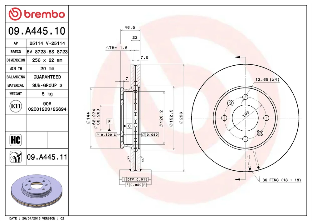 Brzdový kotouč BREMBO 09.A445.11 – OE 517121G000