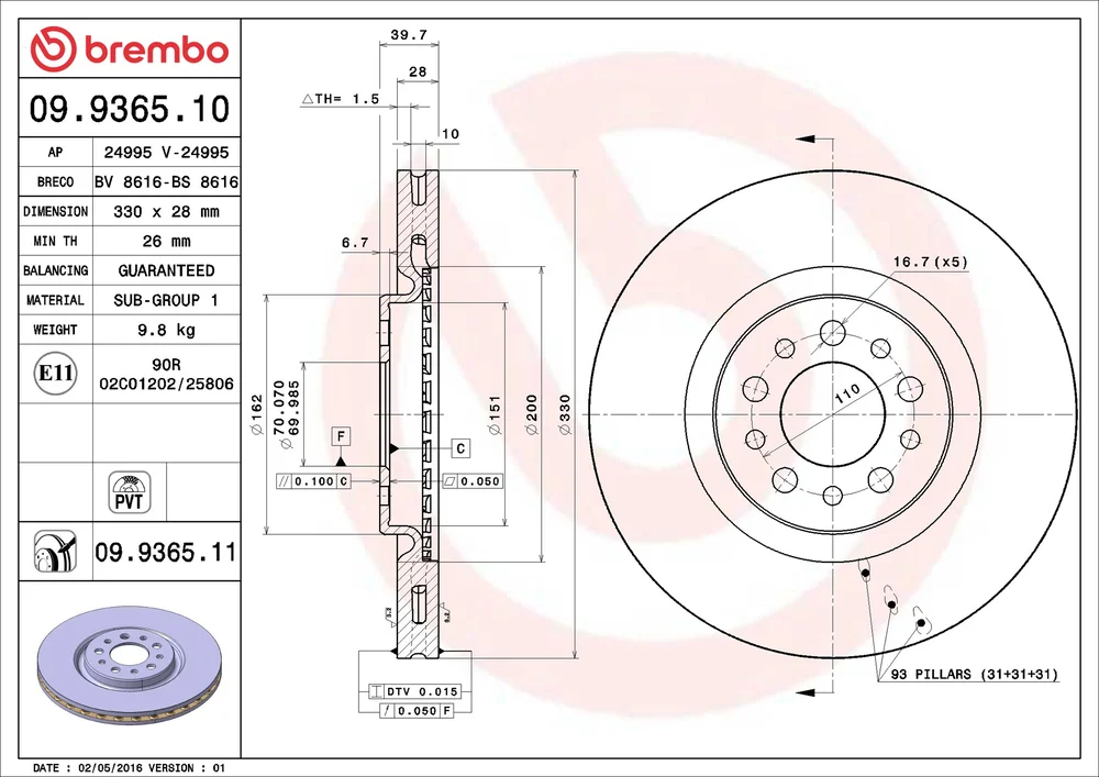 Brzdový kotouč BREMBO 09.9365.11