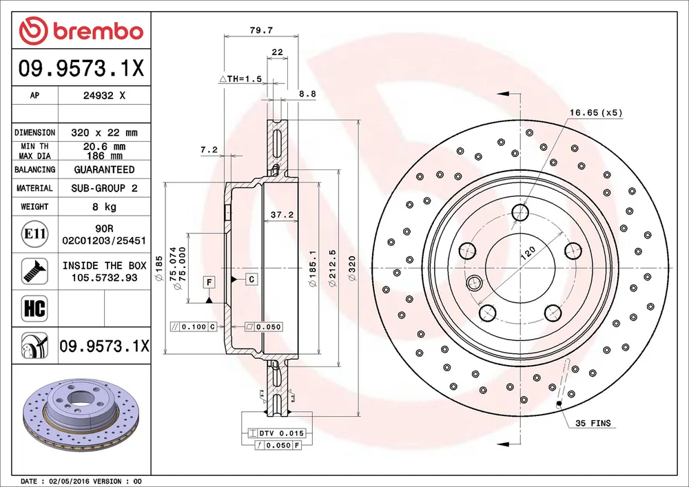 Brzdový kotouč BREMBO 09.9573.1X – OE 34213332217